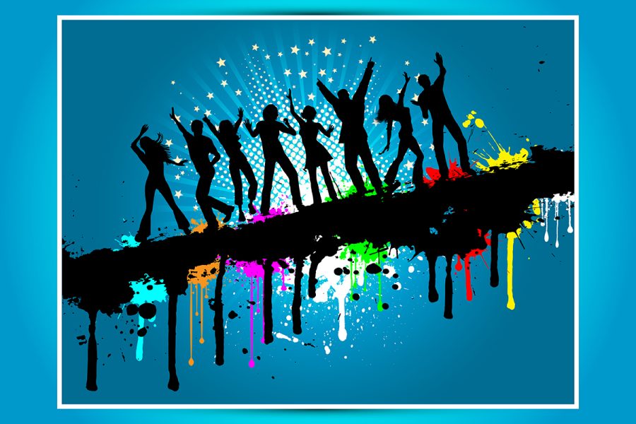 Silhouettes of people dancing on grunge background